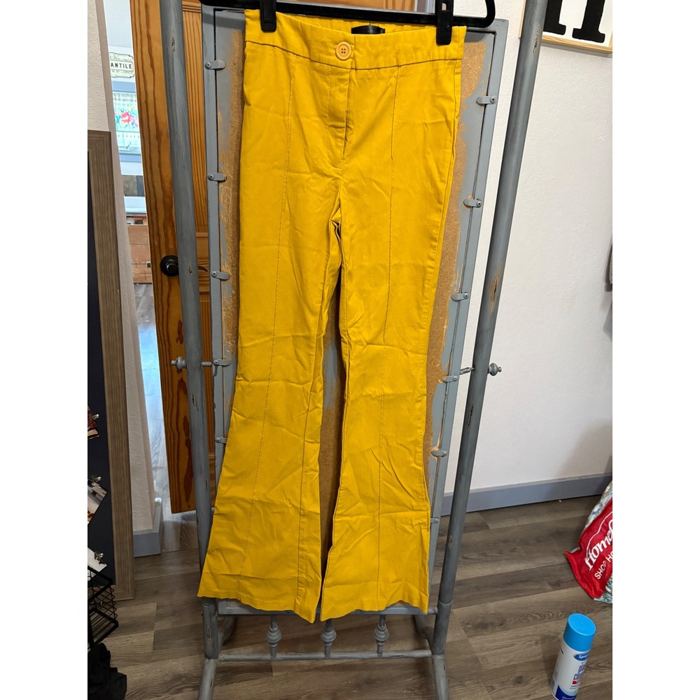 Mustard Yellow Flare Leg Trousers High Waisted Seam Detail Bell Bottom Pants